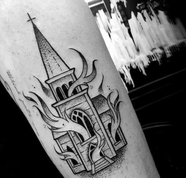 60 Epic Burning Church Tattoo Designs For Men