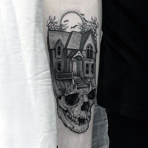 60 Scary Haunted House Tattoo Designs For Men Haunted House Tattoo