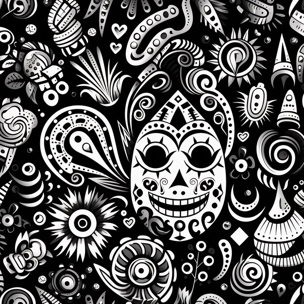 A Black And White Drawing Of A Skull With Flowers On It S Head