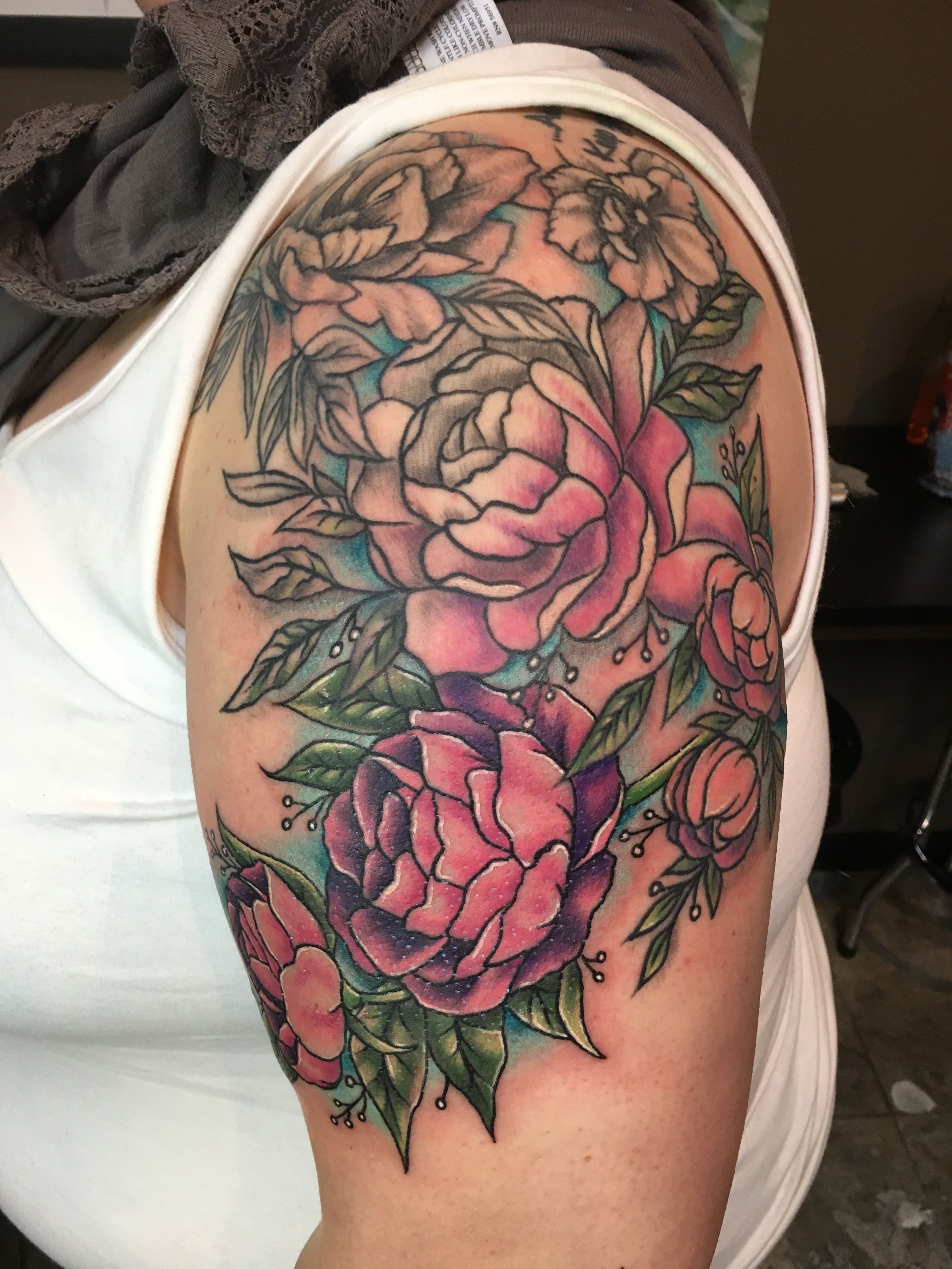 Beautiful Half Sleeve Japanese Tattoo With Peonies And Waves Black