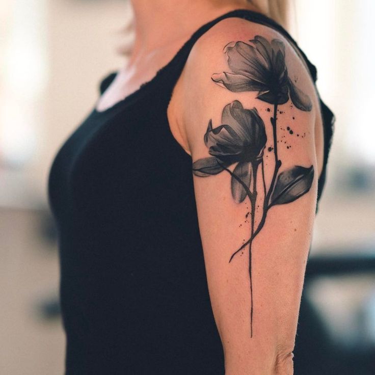 Black Watercolor Flower Tattoo On The Left Upper Arm Watercolor