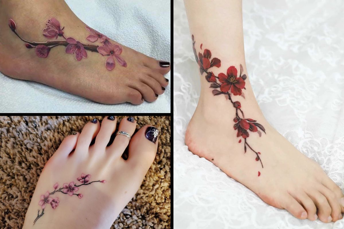 Blue And Purple Colored Flower Tattoo On The Foot Www Otziapp Com