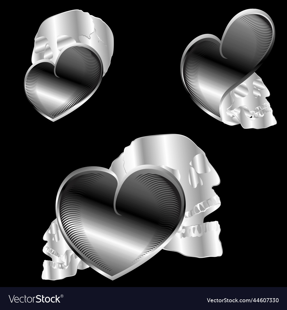 Chrome Silver Shiny Hearts And Skull Tattoo Vector Image