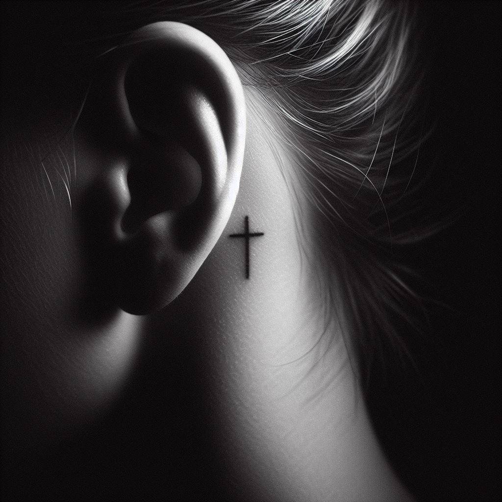 Cross Behind Ear Tattoo Guy