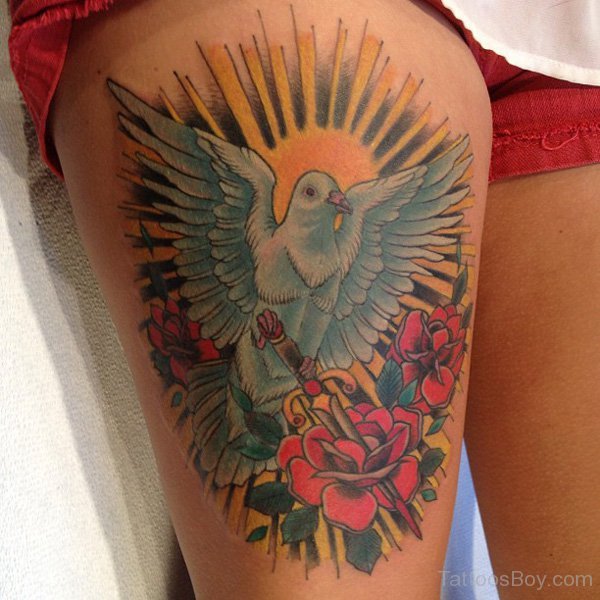 Dove And Rose Tattoo On Thigh Tattoos Designs