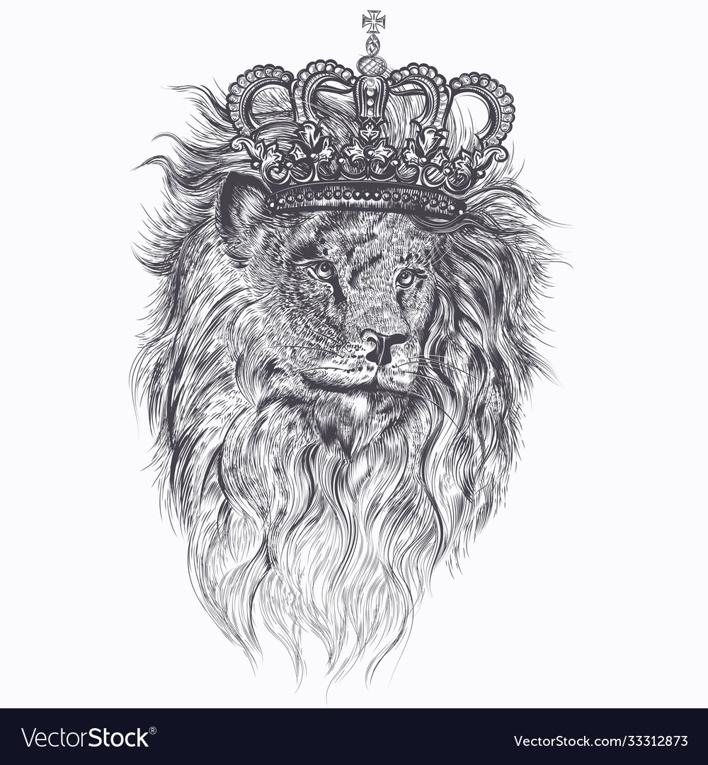 Hand Drawn Tattoo With Lion In Crown Royalty Free Vector