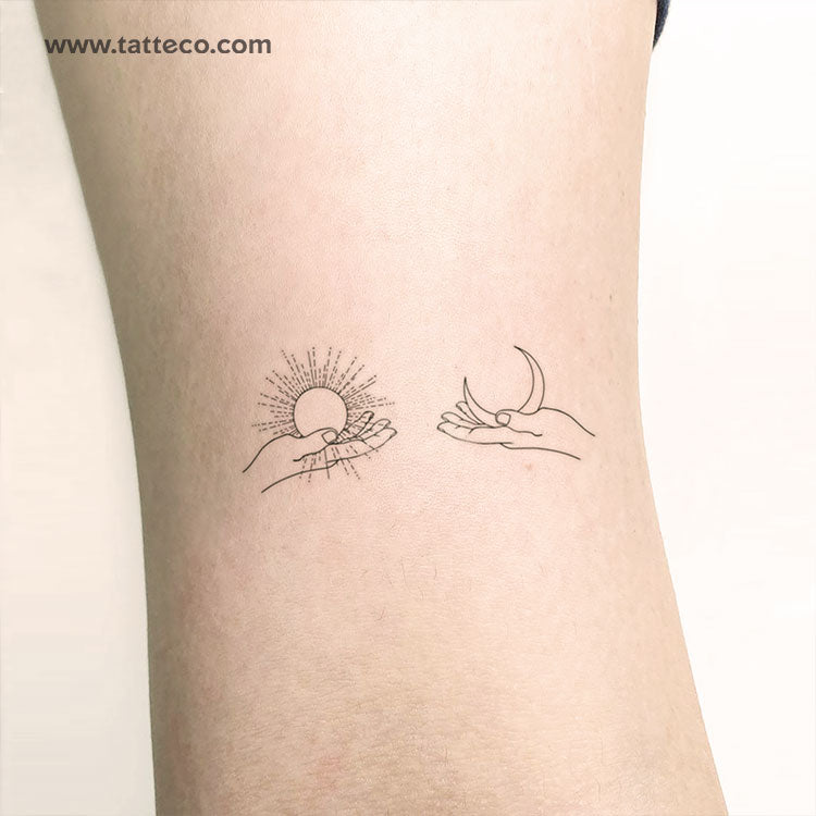 Hand Holding Sun And Moon Temporary Tattoo Set Of 3 Tatteco