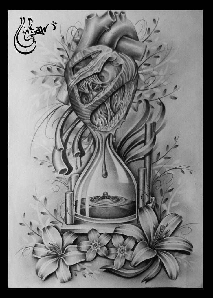 Heart And Blood In Time With Flowers Tattoo Design Hourglass Tattoo Tattoo Drawings Tattoo