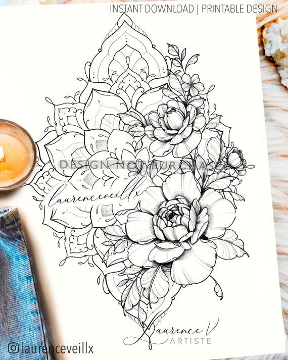 Instant Download Tattoo Design Peony And Mandala Tattoo Printable