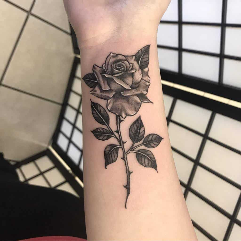 Med Tech Rose Tattoo With Name Rose Stem Tattoo