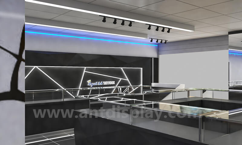 Modern Black Style Tattoo Store Inside Fixture 3D Design Custom Body Piercing Showcase