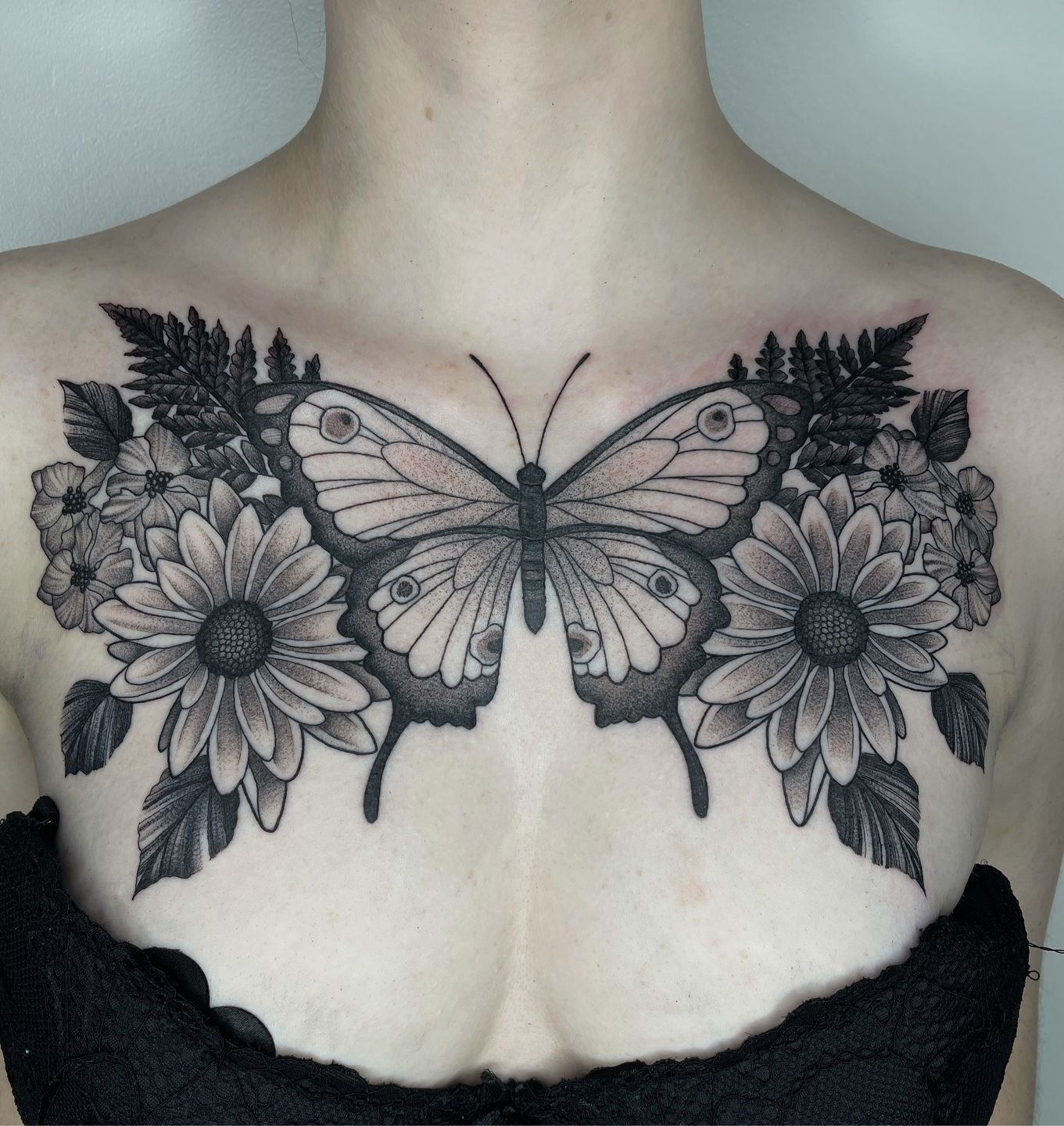 My Butterfly Chest Piece In Black And Grey Mens Butterfly Tattoo