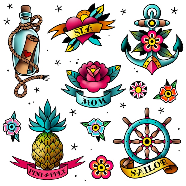 Premium Vector Old School Tattoo Set