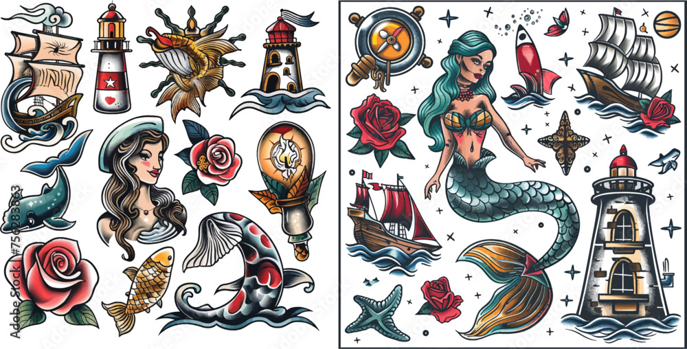 Sailor Tattoo Designs Old School Tattooing Style American Traditional Color Tattoos With Bold