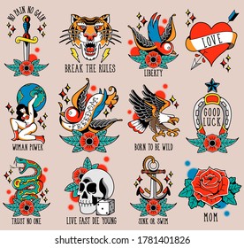 Set Flash Old School Traditional Tattoos Stock Vector Royalty Free