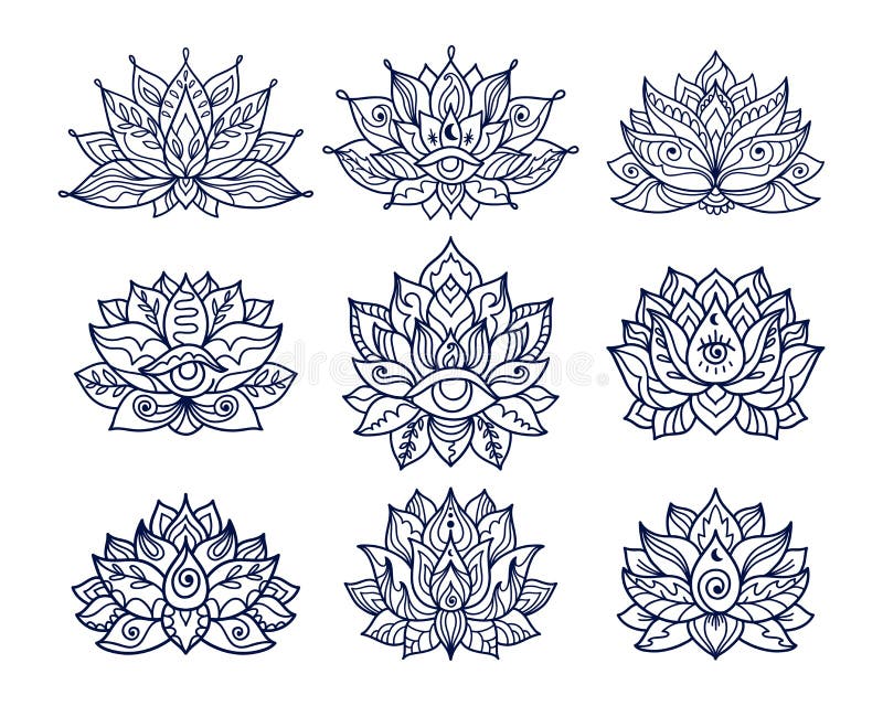 Set Of Hand Drawn Lotus Flower Tattoo Designs With Third Eye Stock