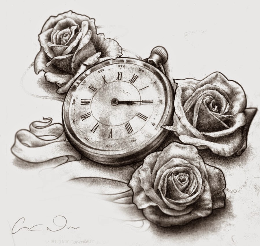 Tattoo Design Clock And Roses Tattoo Design Sketch