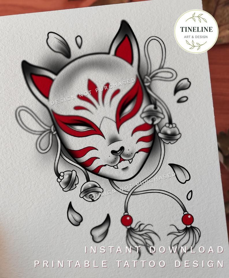 Tattoo Design Kitsune Mask Colored Printable Instant Etsy