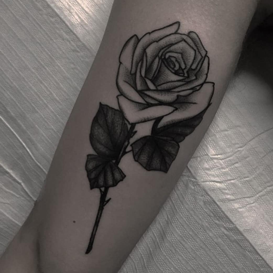 Traditional Black And Grey Rose Tattoo