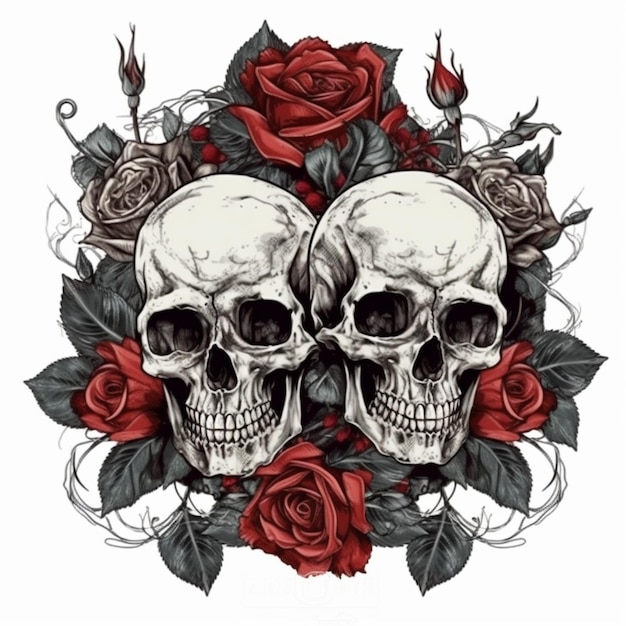 Two Skulls And Roses Tattoo Designs