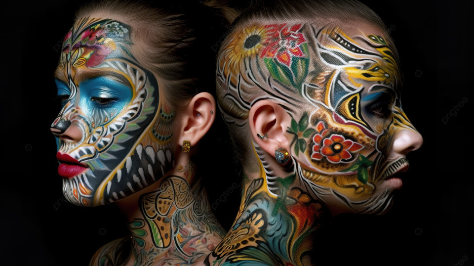 Two Women With Reversible Tattoos On Their Faces Background Body Art