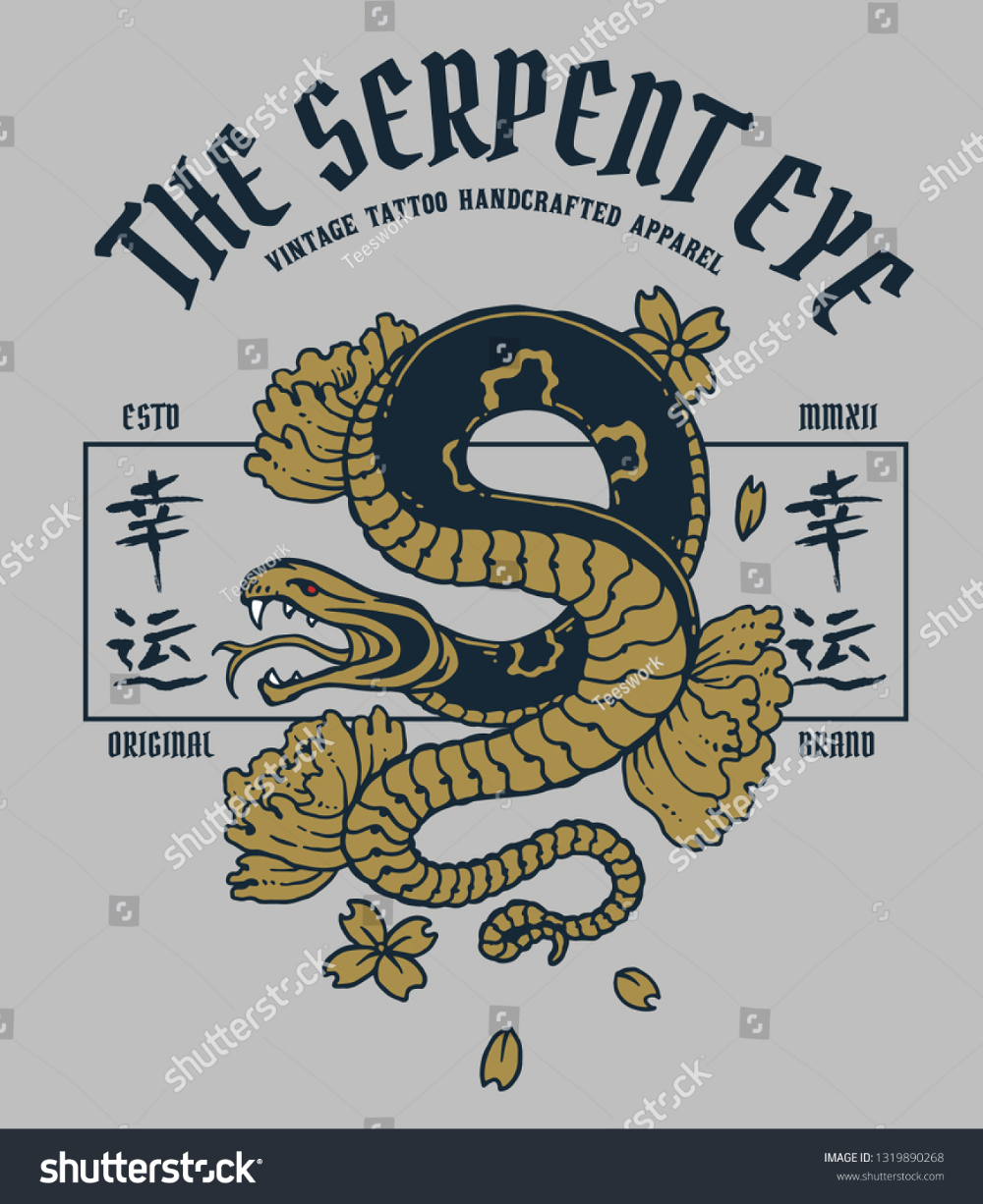 Vector Illustration Of Japan Vintage Snake Tattoo With Traditional