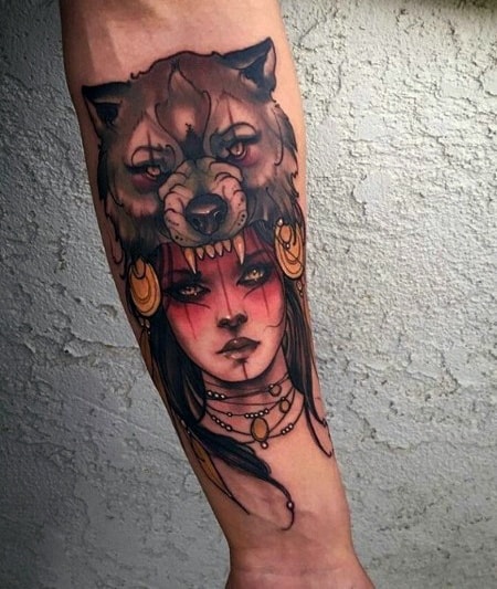 Wolf Girl Neo Traditional Tattoo Wolf Girl Tattoos Trendy Tattoos